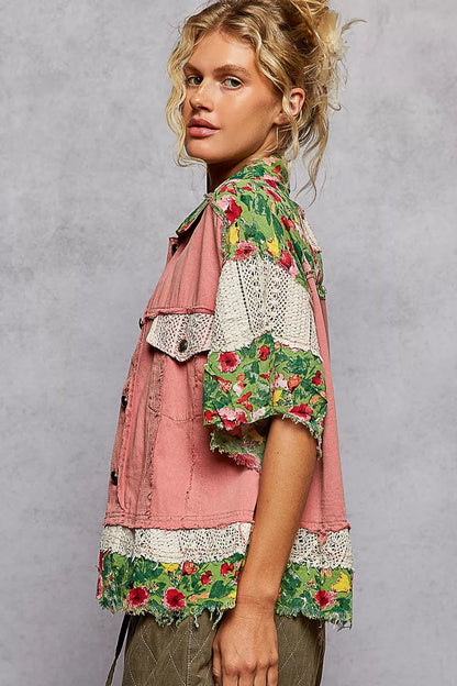 Lace Patch Floral Half Sleeve Shacket at In Style Chics Boutique