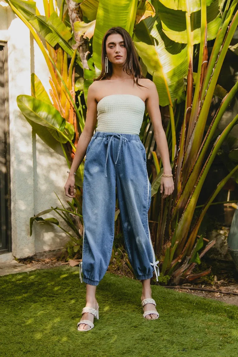 Striped Tape Details With Bot Tied Point Elastic Waist Jeans at In Style Chics Boutique 