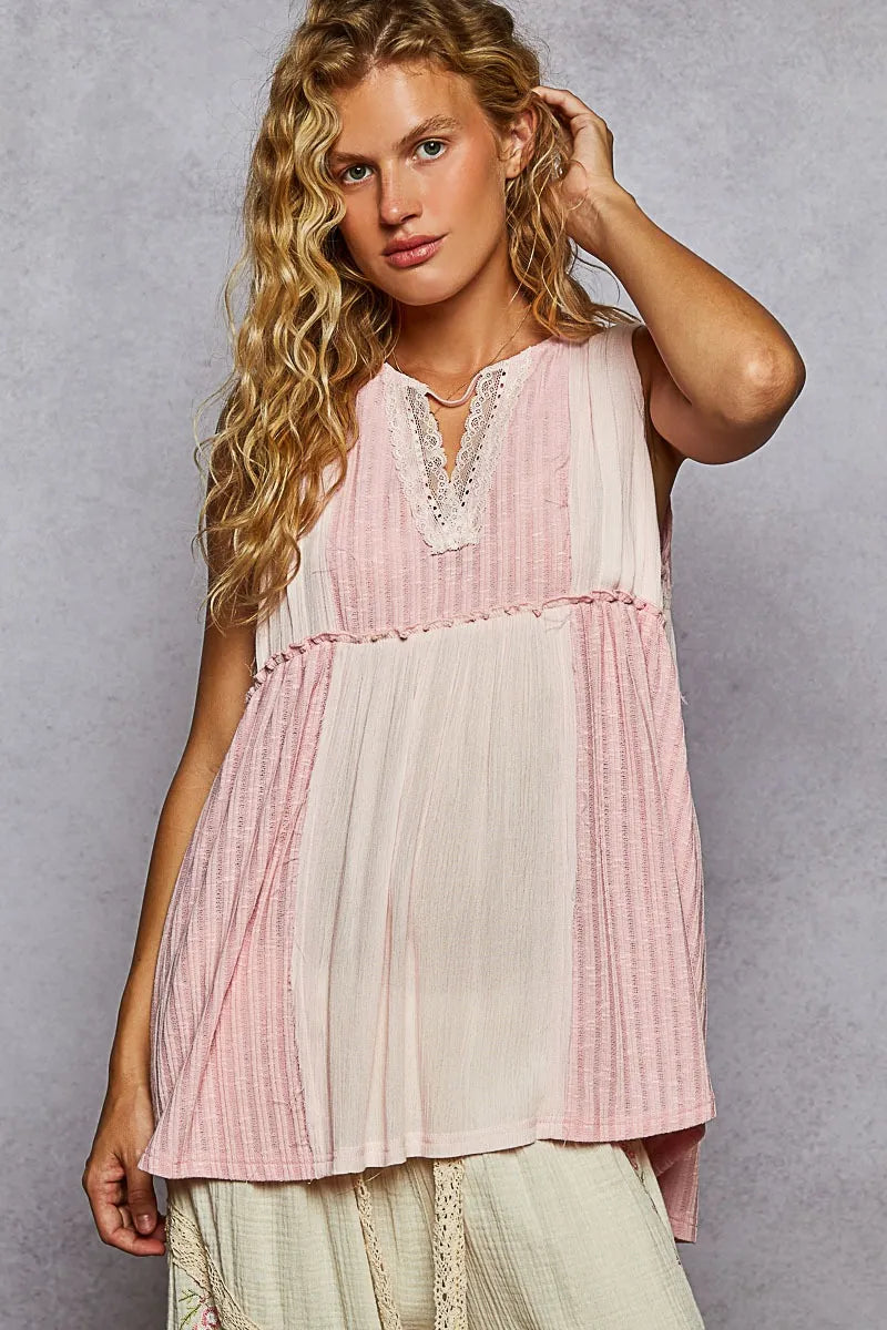 Two-Tone Tank Top with Pintuck Detail, Lace Trim - In Style Chics Boutique 