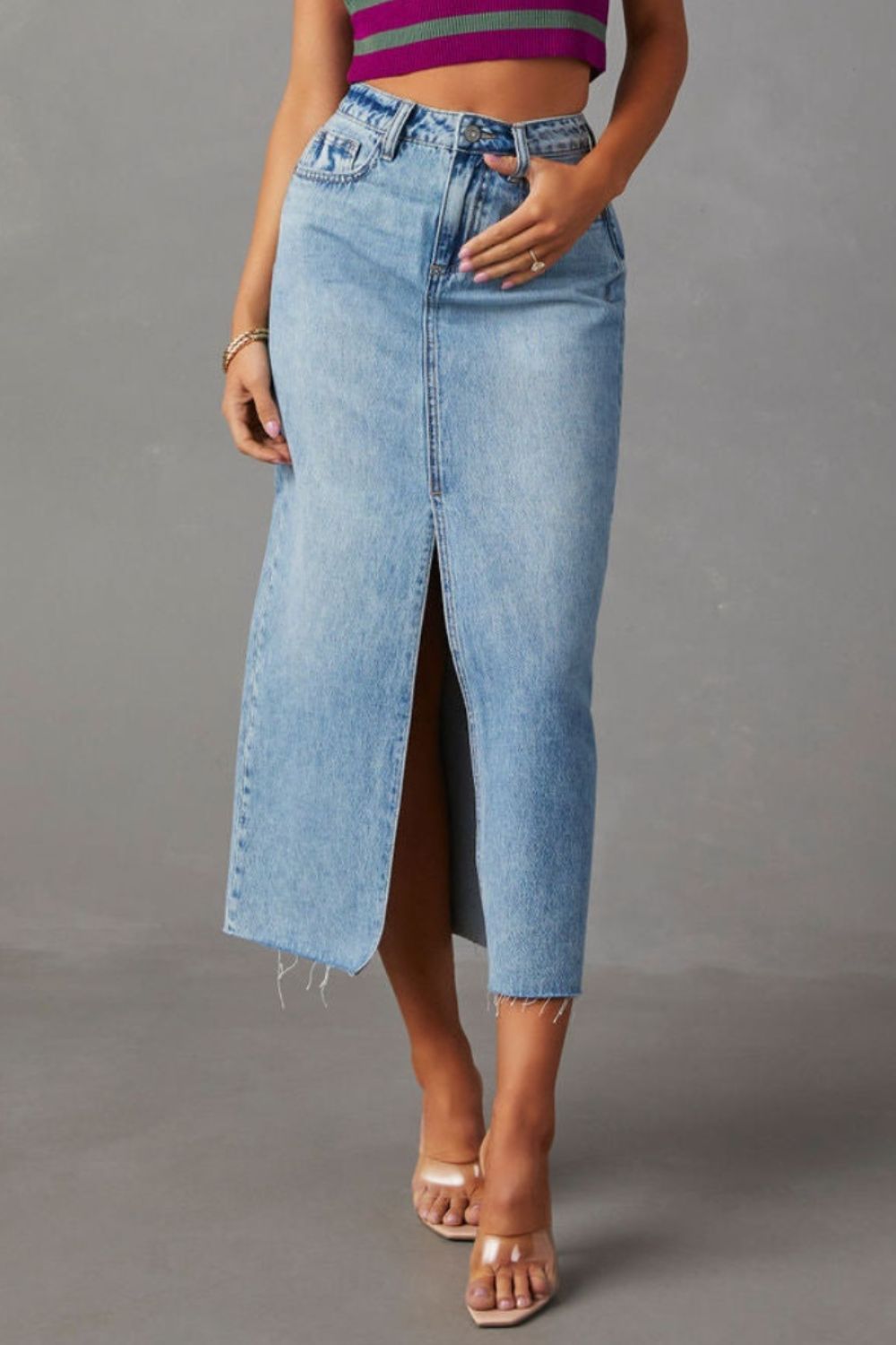 Slit Raw Hem Midi Denim Skirt - In Style Chics Boutique LLC