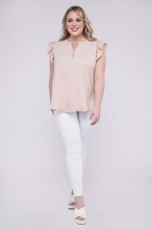 Plus Size High-Low Top, Woven Wool Ruffled Sleeve - In Style Chics Boutique 