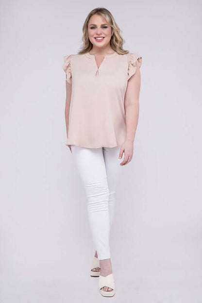 Plus Size High-Low Top, Woven Wool Ruffled Sleeve - In Style Chics Boutique 