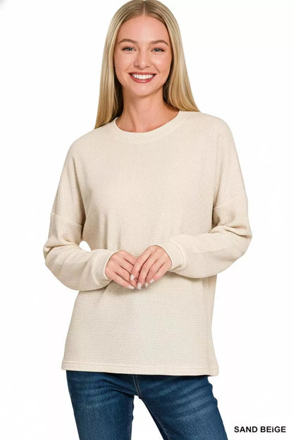 Shop Zenana Double Knit Round Neck Long Sleeve Top in Sand Beige at In Style Chics Boutique 