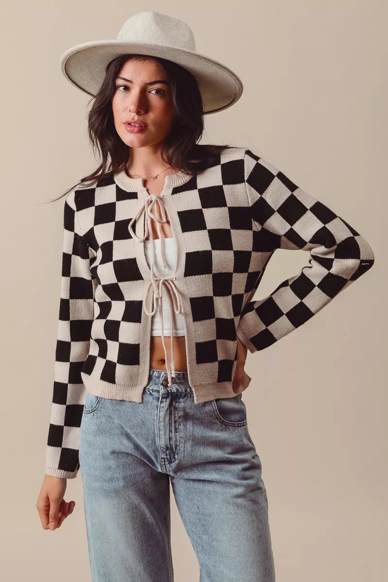 Shop Tie Front Checkered Knitted Round Neck Cardigan at In Style Chics Boutique