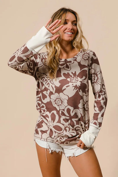 Flower Printed Waffle Thumb Opening Top at In Style Chics Boutique 