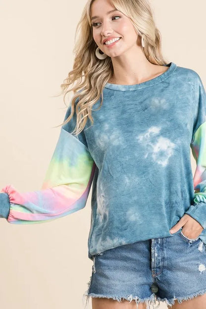BiBi Tie Dye French Terry Top With Contrast Tie Dye