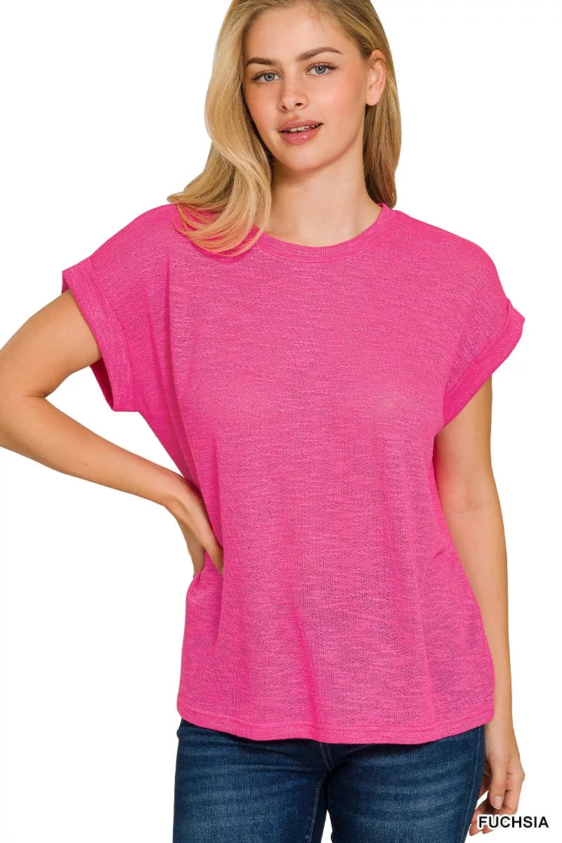 Zenana Hacci Slub Rolled Up Sleeve Tee