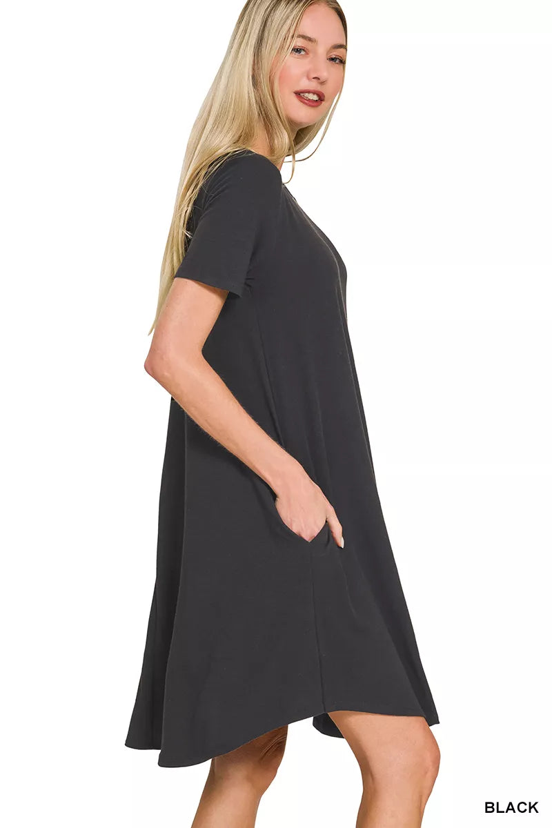 Zenana Short Sleeve Round Hem A-line Black Dress w/ Pockets 🖤