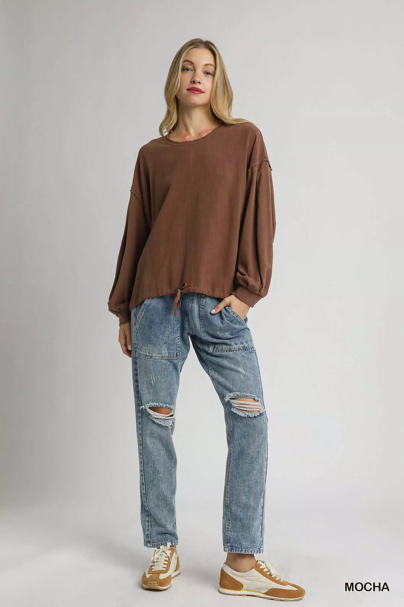 Linen Long Sleeve Top with Drawstring Shop for Fall Fashion at In Style Chics Boutique 