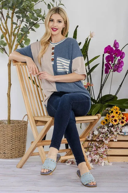 Rib Contrast Short Sleeve T-Shirt - Made in USA  - In Style Chics Boutique Women's Juniors Plus Size Cute Clothes Online 
