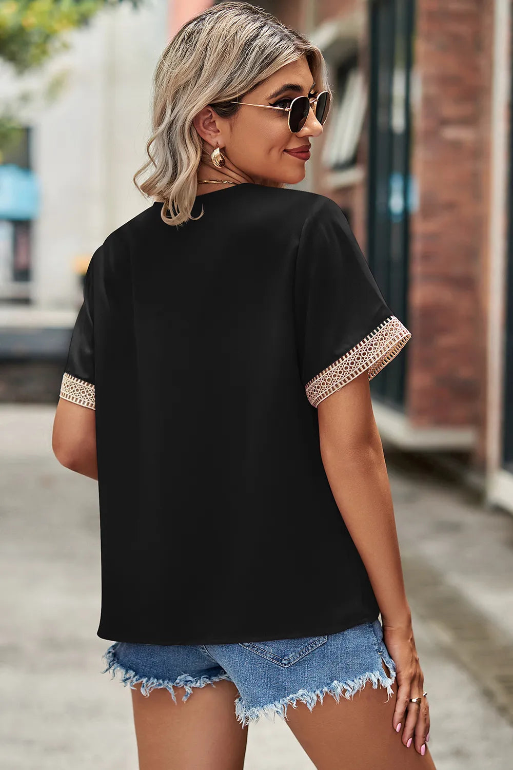 Openwork V-Neck Short Sleeve T-Shirt - In Style Chics Boutique 