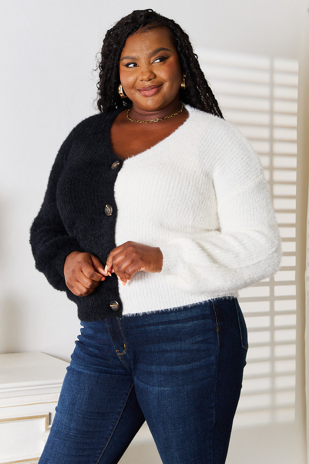 Black and White 🤍 V-Neck Cardigan, Contrast Button-Front  at In Style Chics Boutique 