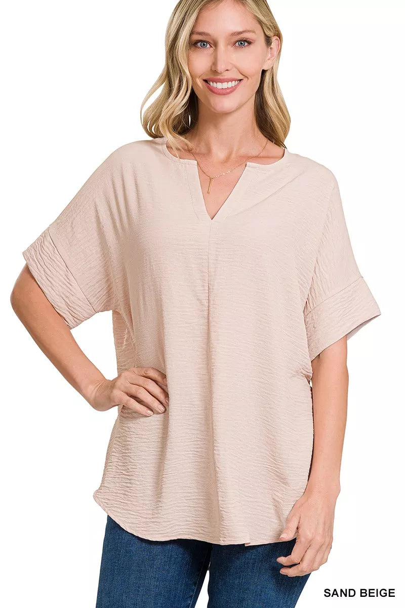 Zenana Woven Airflow Split Neck Short Sleeve Top in Sand Beige for Women 
