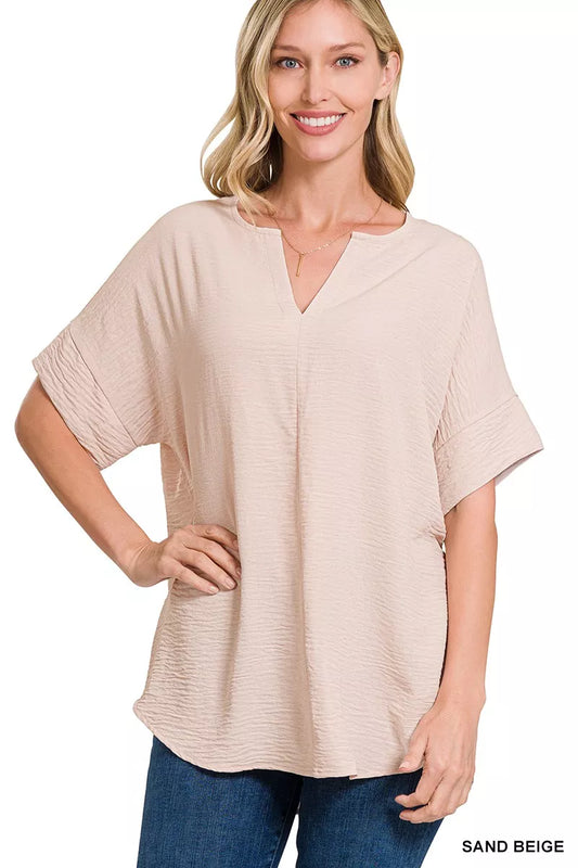Zenana Woven Airflow Split Neck Short Sleeve Top in Sand Beige for Women 