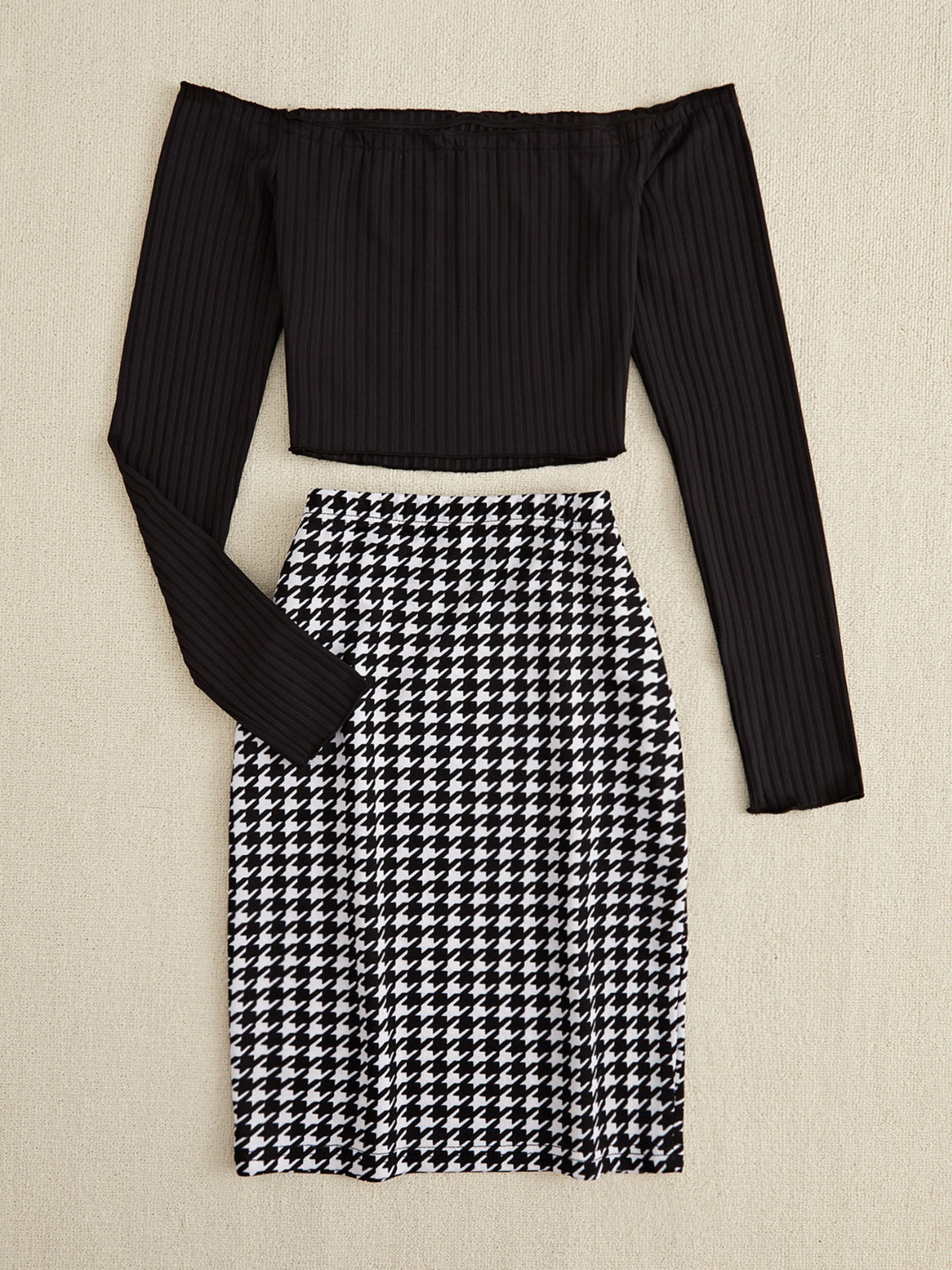 Off-Shoulder Long Sleeve Top and Houndstooth Skirt Set - In Style Chics Boutique LLC