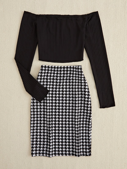 Off-Shoulder Long Sleeve Top and Houndstooth Skirt Set - In Style Chics Boutique LLC