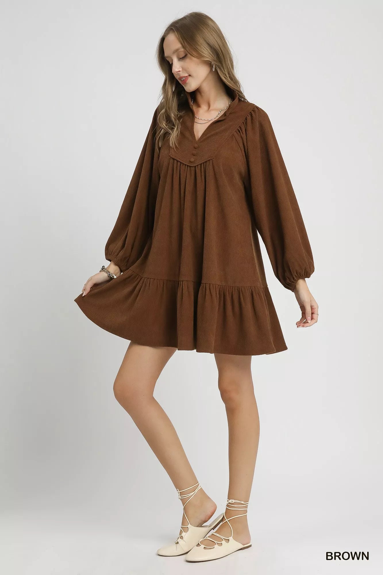 Corduroy Tiered Babydoll Dress in 🤎 Brown at In Style Chics Boutique 