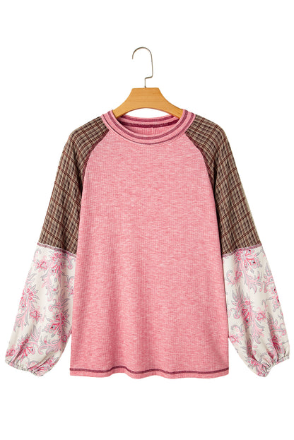 Jet Stream Floral Plaid Mixed Print Patchwork Raglan Ribbed Top