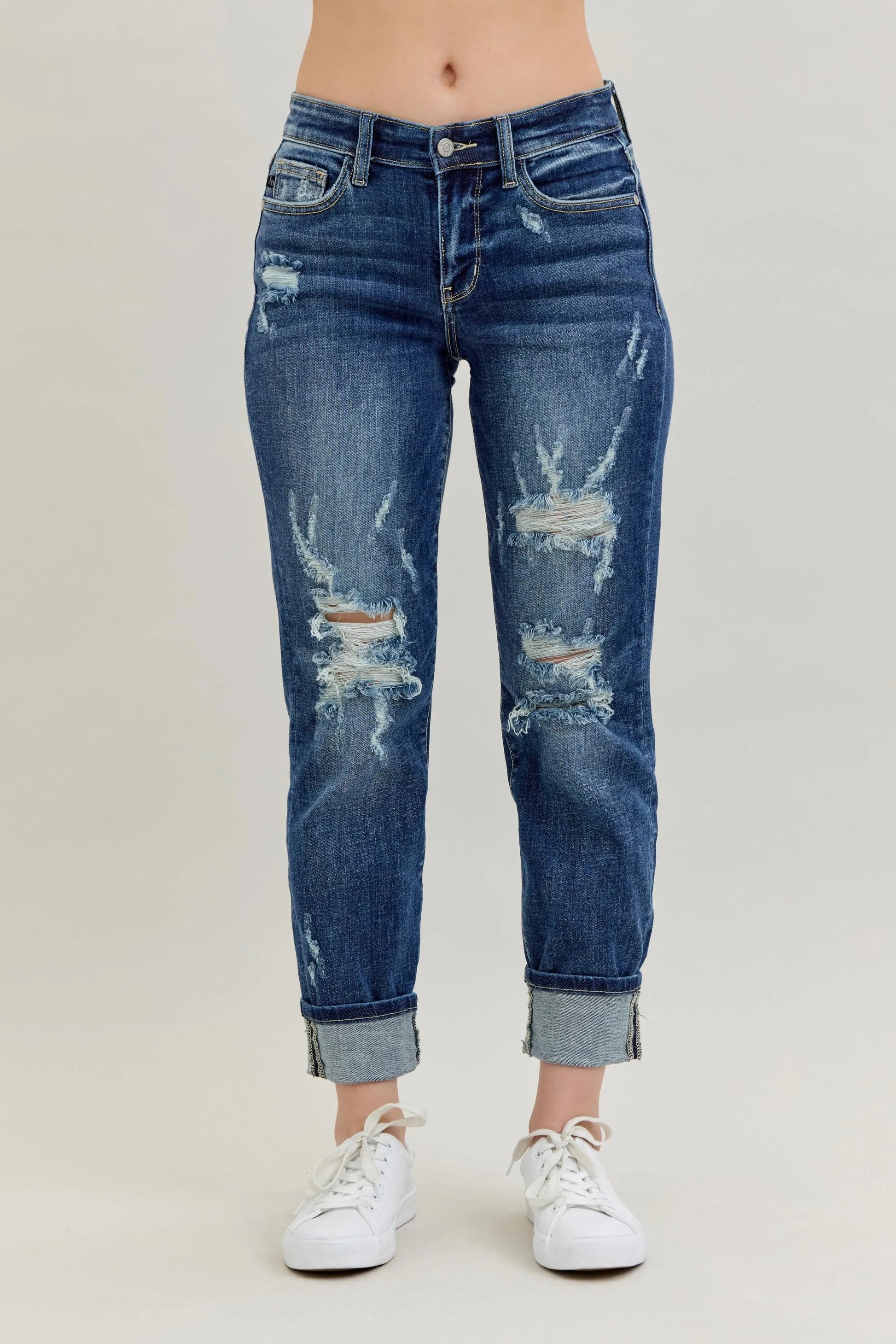 Judy Blue Mid Rise Cuffed Destroy Boyfriend Jeans - In Style Chics Boutique Women's Clothes Online Plus Size 