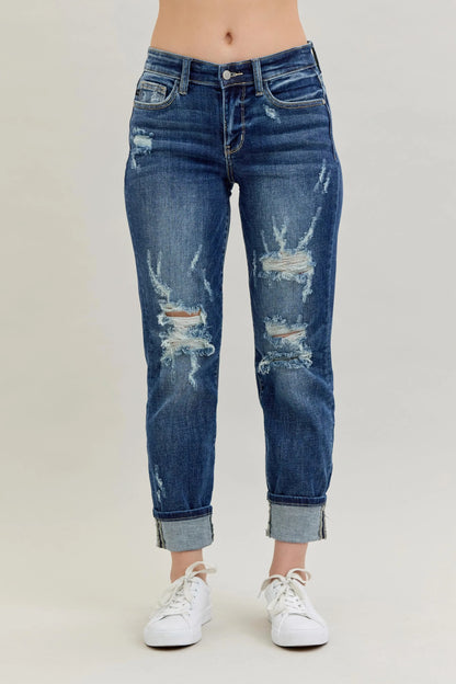 Judy Blue Mid Rise Cuffed Destroy Boyfriend Jeans - In Style Chics Boutique Women's Clothes Online Plus Size 