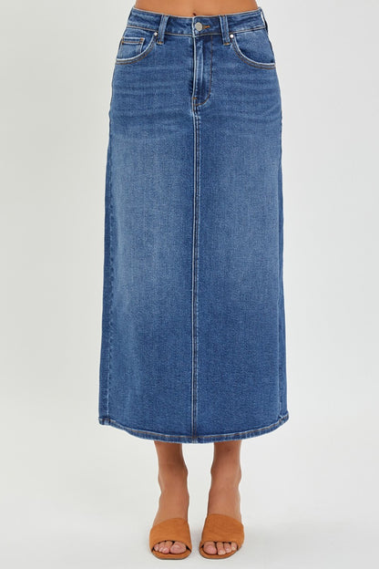 RISEN High Rise Back Slit Denim Skirt - In Style Chics Boutique LLC