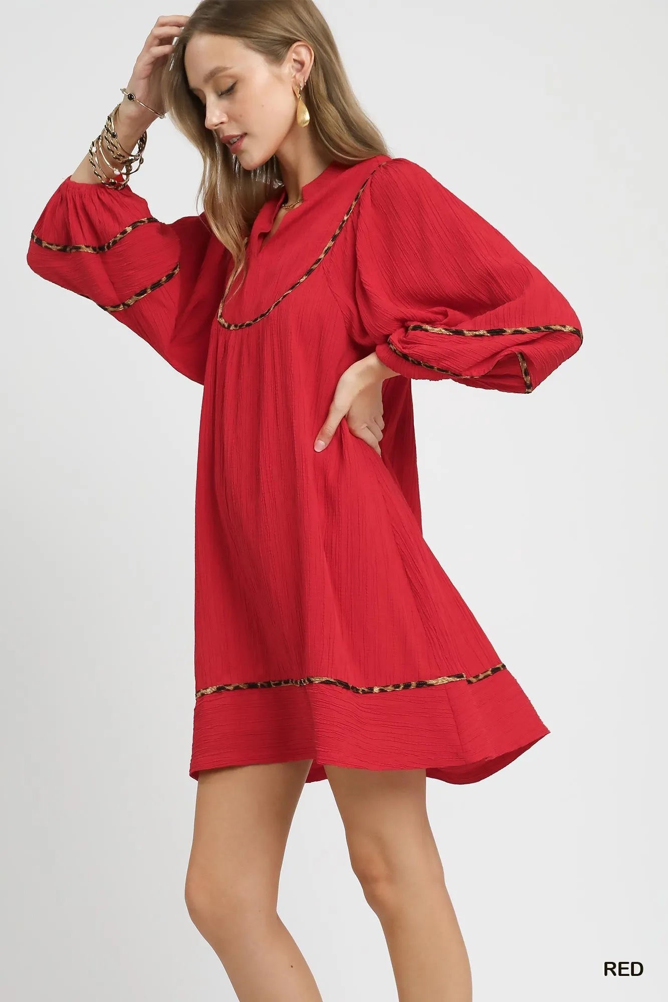 Textured Babydoll Dress with Leopard Trim at In Style Chics Boutique 