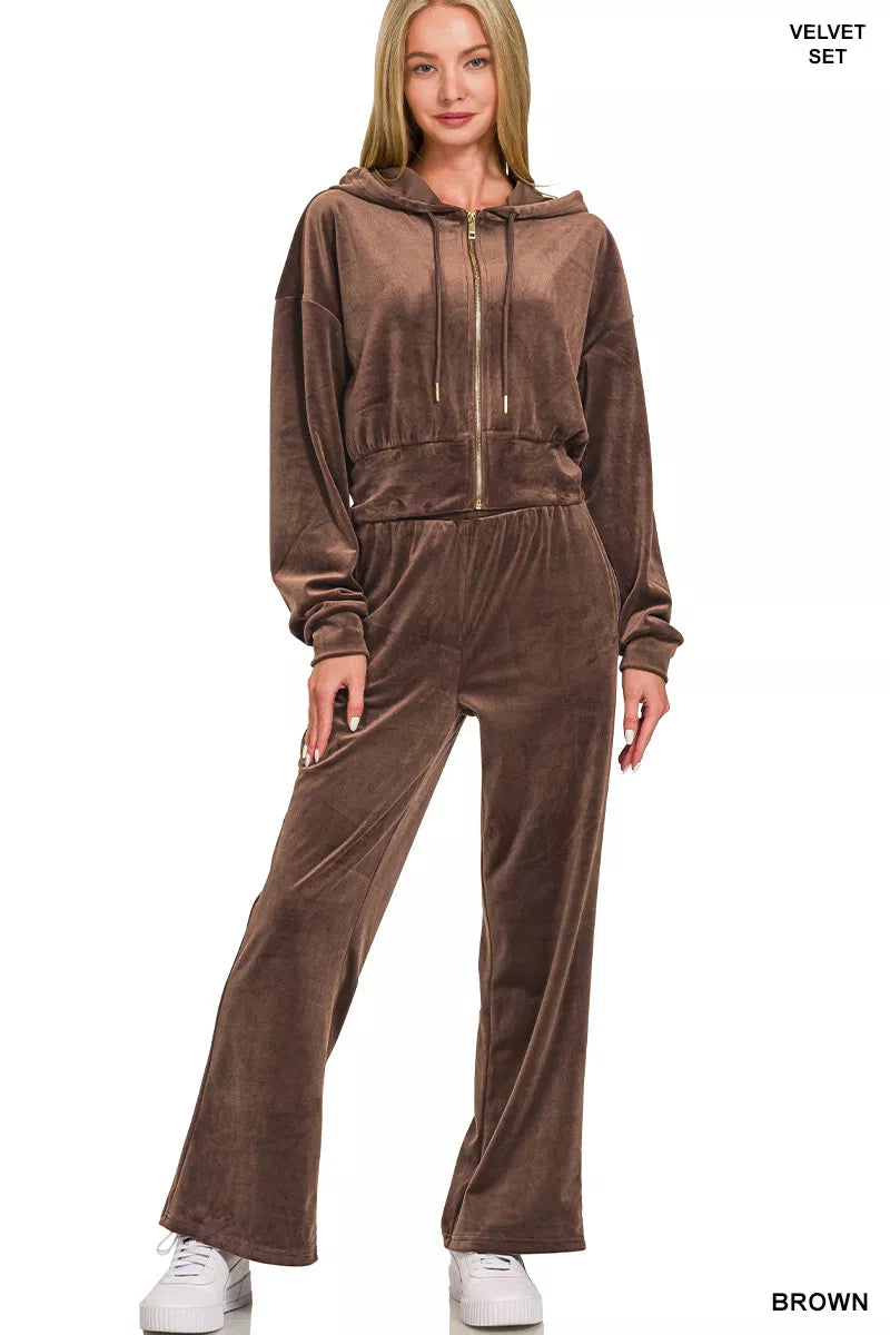 Zenana Velvet Zip Up Hoodie and Pants Set