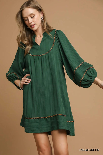 Textured Babydoll Dress with Leopard Trim at In Style Chics Boutique 