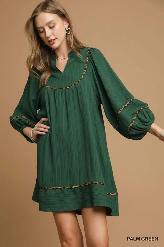 Textured Babydoll Dress with Leopard Trim at In Style Chics Boutique 