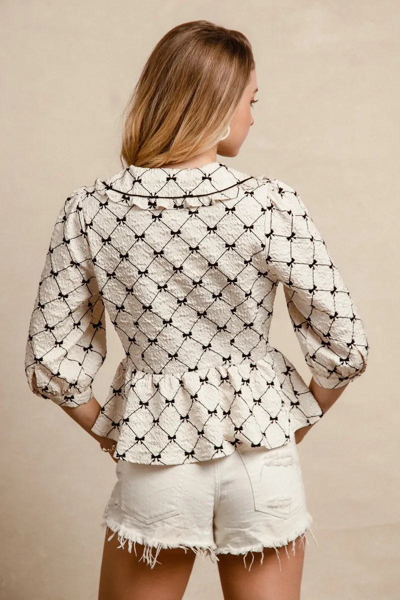 Peplum Top, Bow Printed Ruffle Collar  - In Style Chics Boutique 