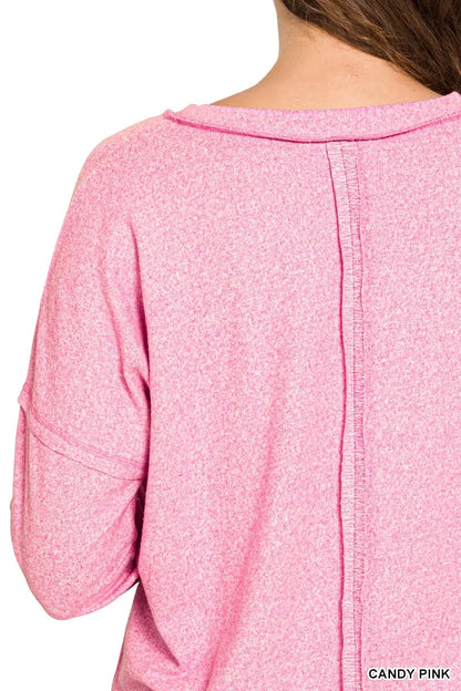 Zenana soft melange hacci exposed seam tee with coin pocket, lightweight and casual at In Style Chics Boutique