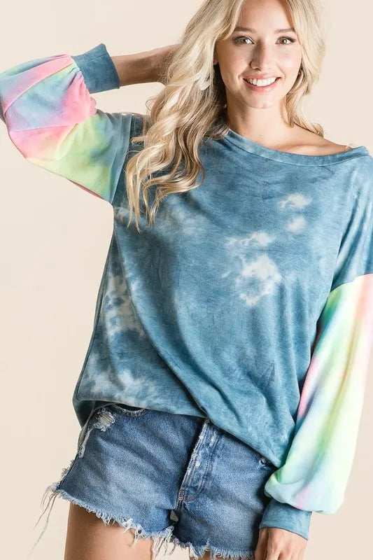 BiBi Tie Dye French Terry Top With Contrast Tie Dye