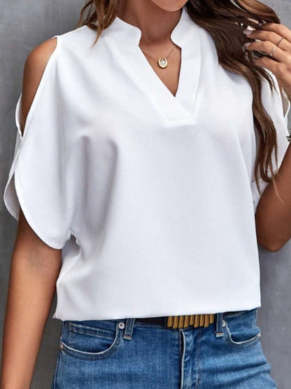 Notched Cold Shoulder Half Sleeve Blouse - In Style Chics Boutique LLC