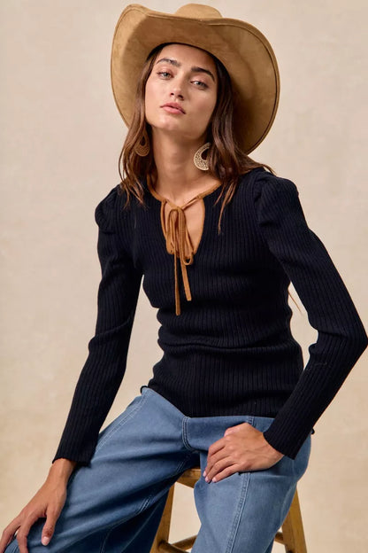 Ribbed Contrast Front Tied 🖤 Top with Shirred Detail at In Style Chics Boutique 