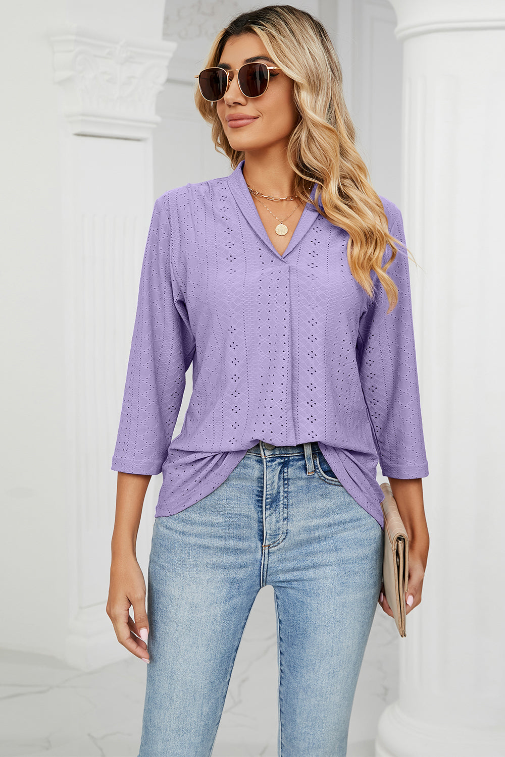 Eyelet Three-Quarter Sleeve Blouse - In Style Chics Boutique LLC