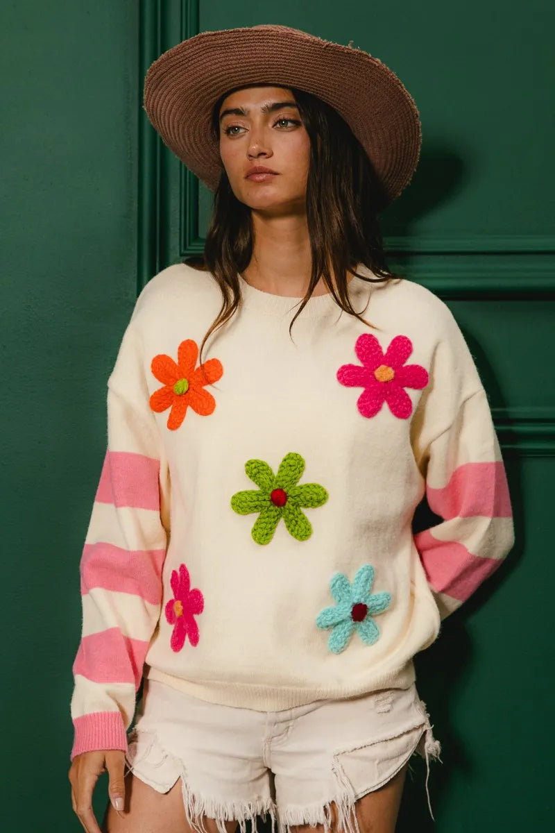 Colorful Floral Patched Sweater with Striped Sleeve at In Style Chics Boutique 