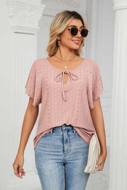 Eyelet Tie-Neck Flutter Sleeve Top - In Style Chics Boutique LLC