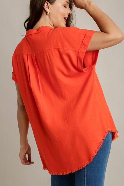 Women's Linen Blend Button Down Short Folded Sleeve Shirt - In Style Chics Boutique Online Clothing 