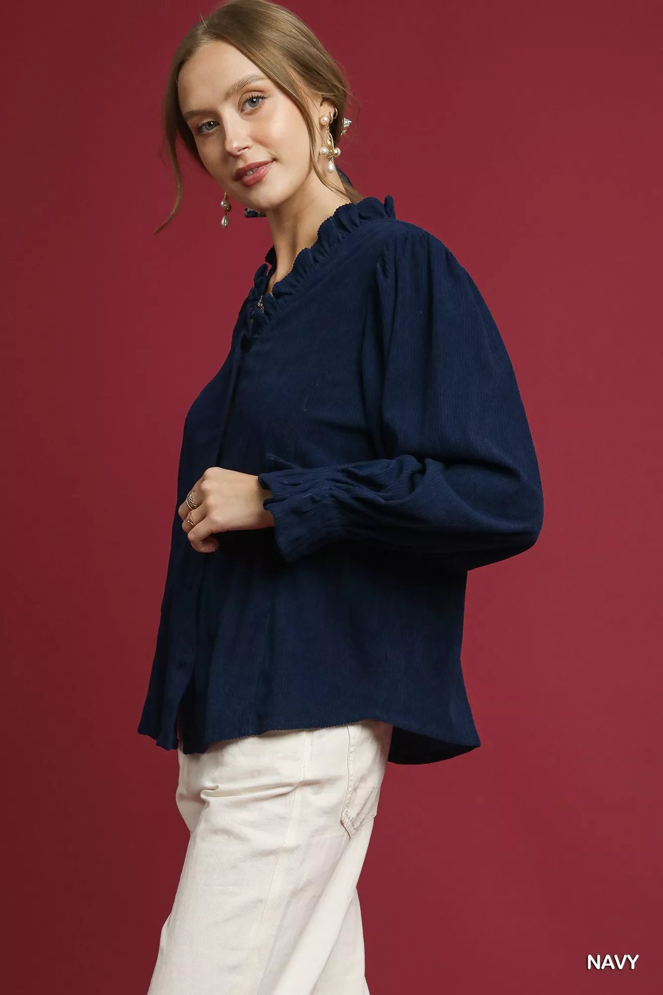 Navy Corduroy Ruffle Shirt with Long Puff Sleeves at In Style Chics Boutique 