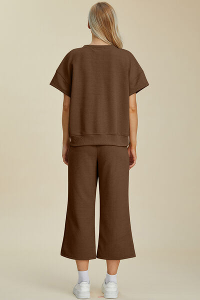 Textured Round Neck Top and Pants Set - In Style Chics Boutique Women's Juniors Plus Size Apparel Online 