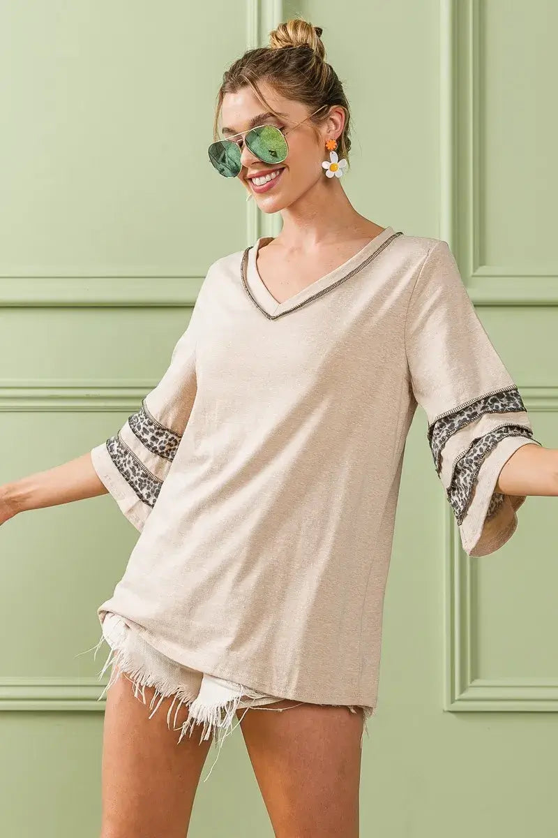 Triblend Knit Top with Leopard Band Detail