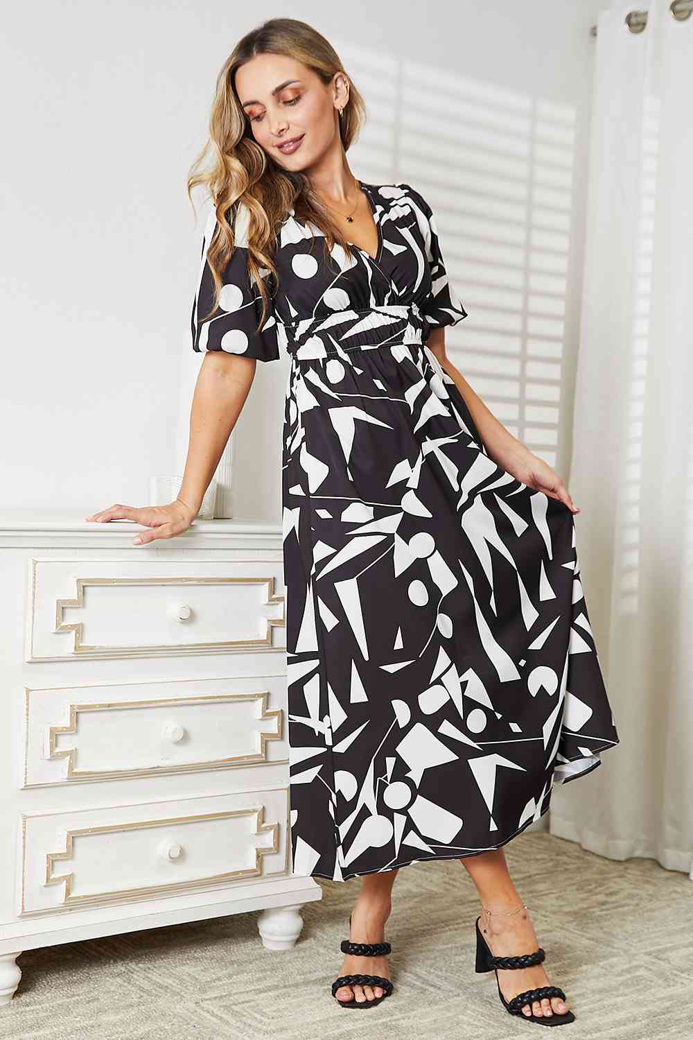 Printed Surplice Balloon Sleeve Dress - spring dresses - In Style Chics Boutique Online Clothing 