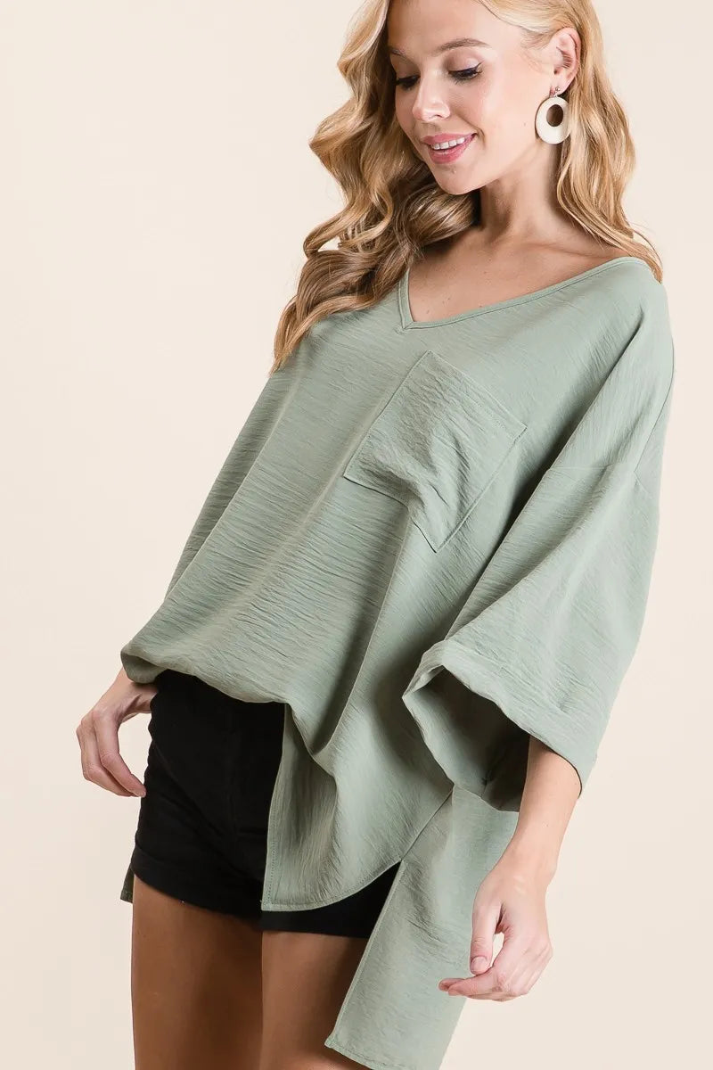 V-Neck Top,Flowy with Rolled Up Cuffs at In Style Chics Boutique 