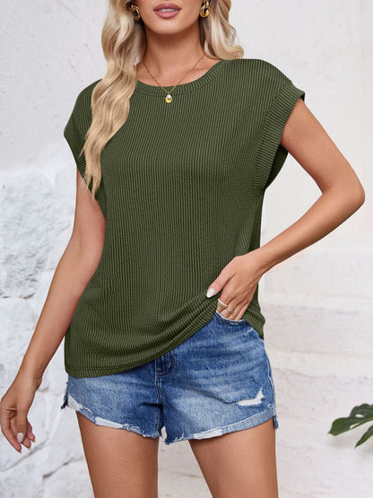 Textured Round Neck Cap Sleeve Blouse - More Colors! - In Style Chics Boutique LLC