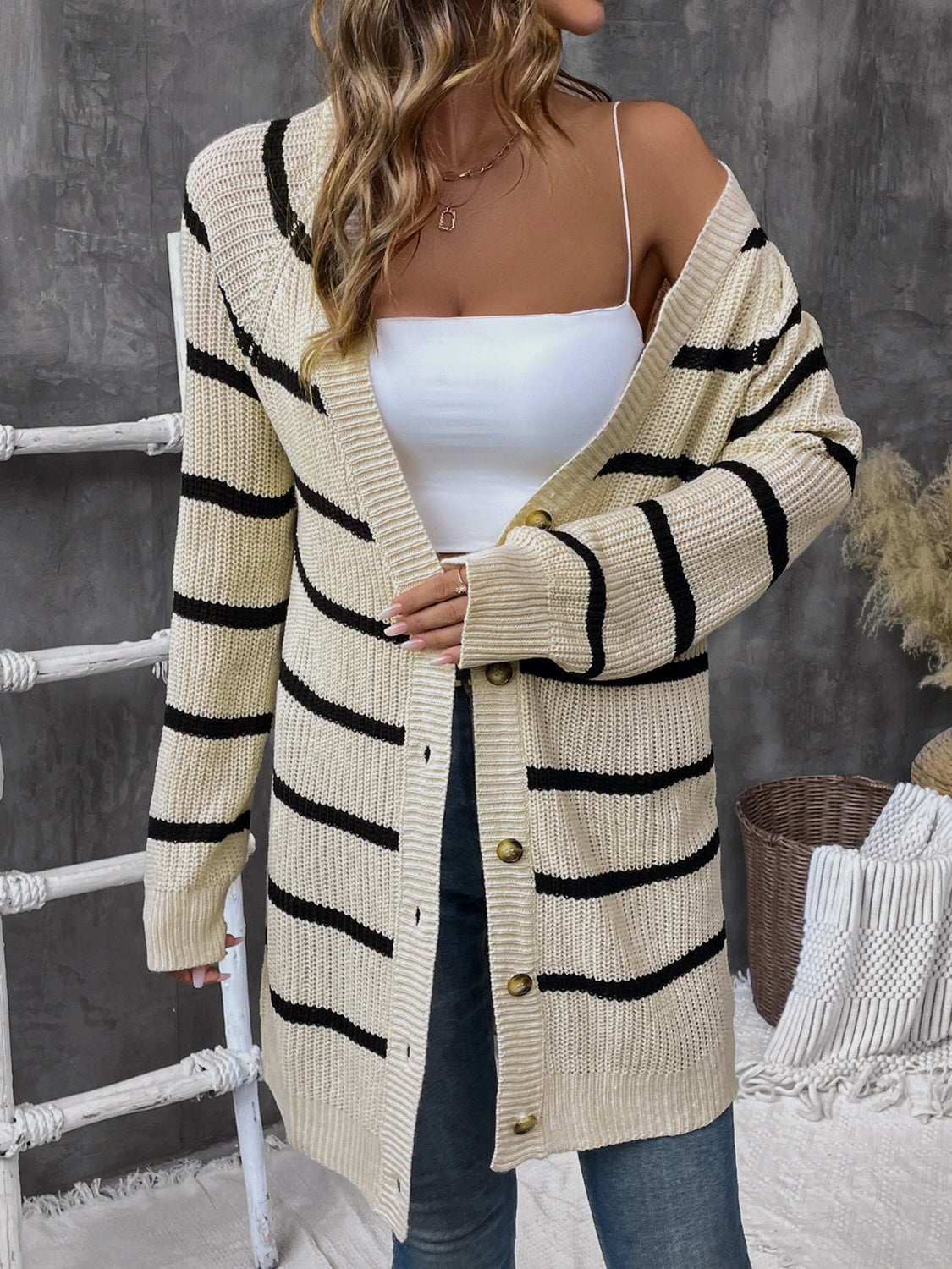 Perfee Striped Button Up Long Sleeve Cardigan - In Style Chics Boutique LLC