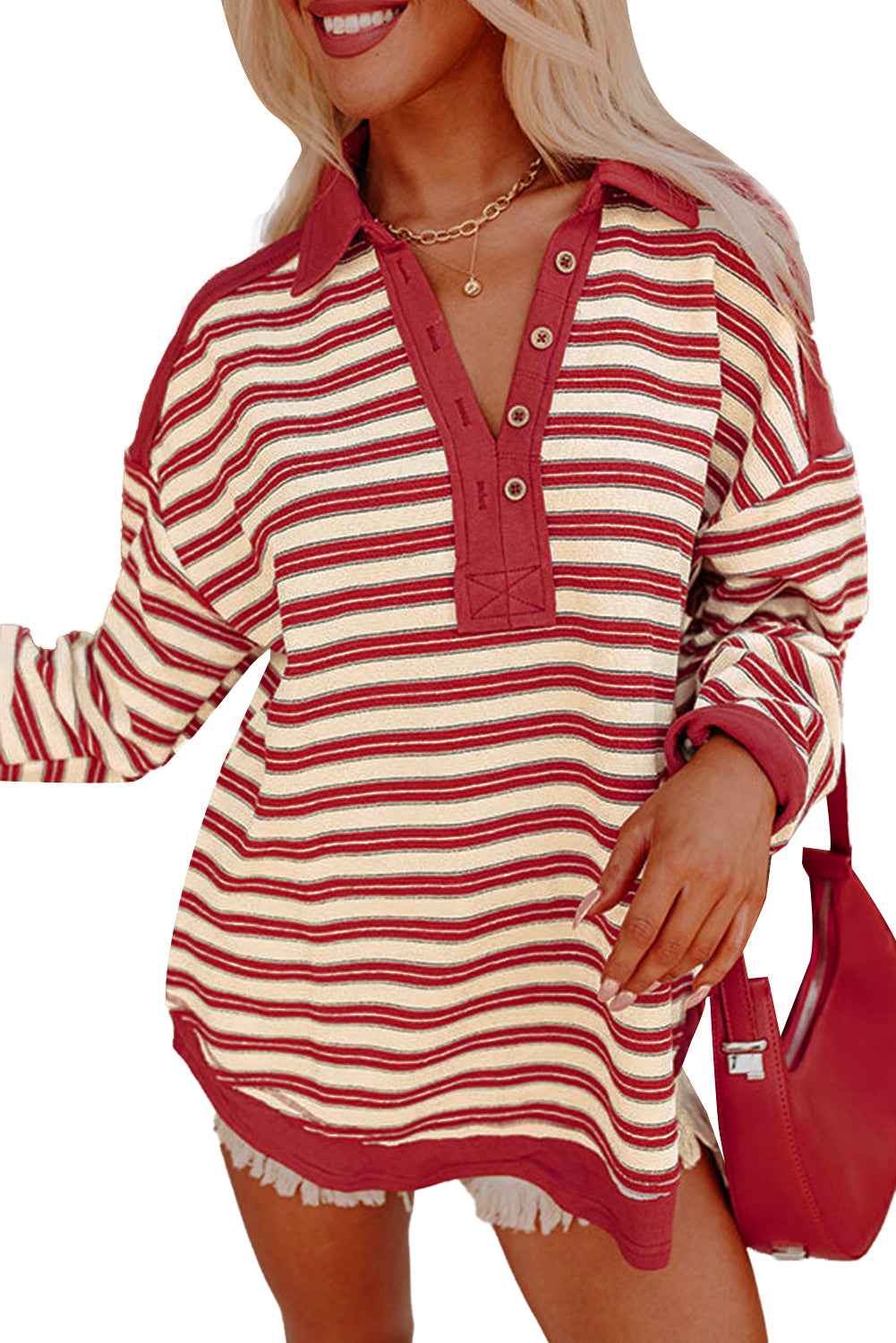 Stripe Collared V Neck Drop Shoulder Top