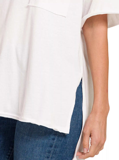 White Boyfriend Tee, Front Pocket Raw Edge  at In Style Chics Boutique 