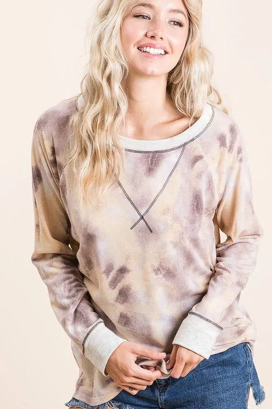 BiBi Tie Dye Terry Pull Over With Contrast Stitching