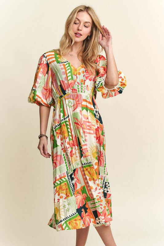 ADORA Floral V-Neck Puff Sleeve Midi Dress - In Style Chics Boutique LLC