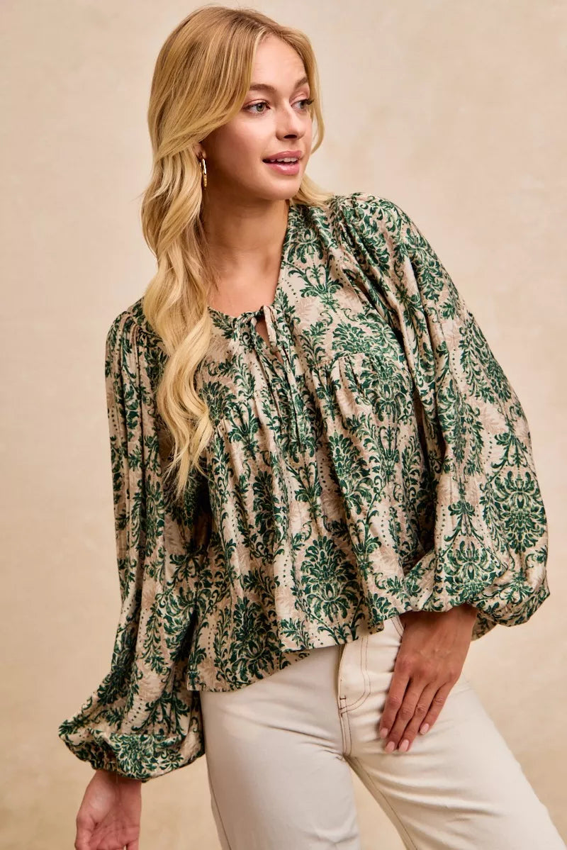 Printed Woven Front Tied Blouse with Balloon Sleeve at In Style Chics Boutique 
